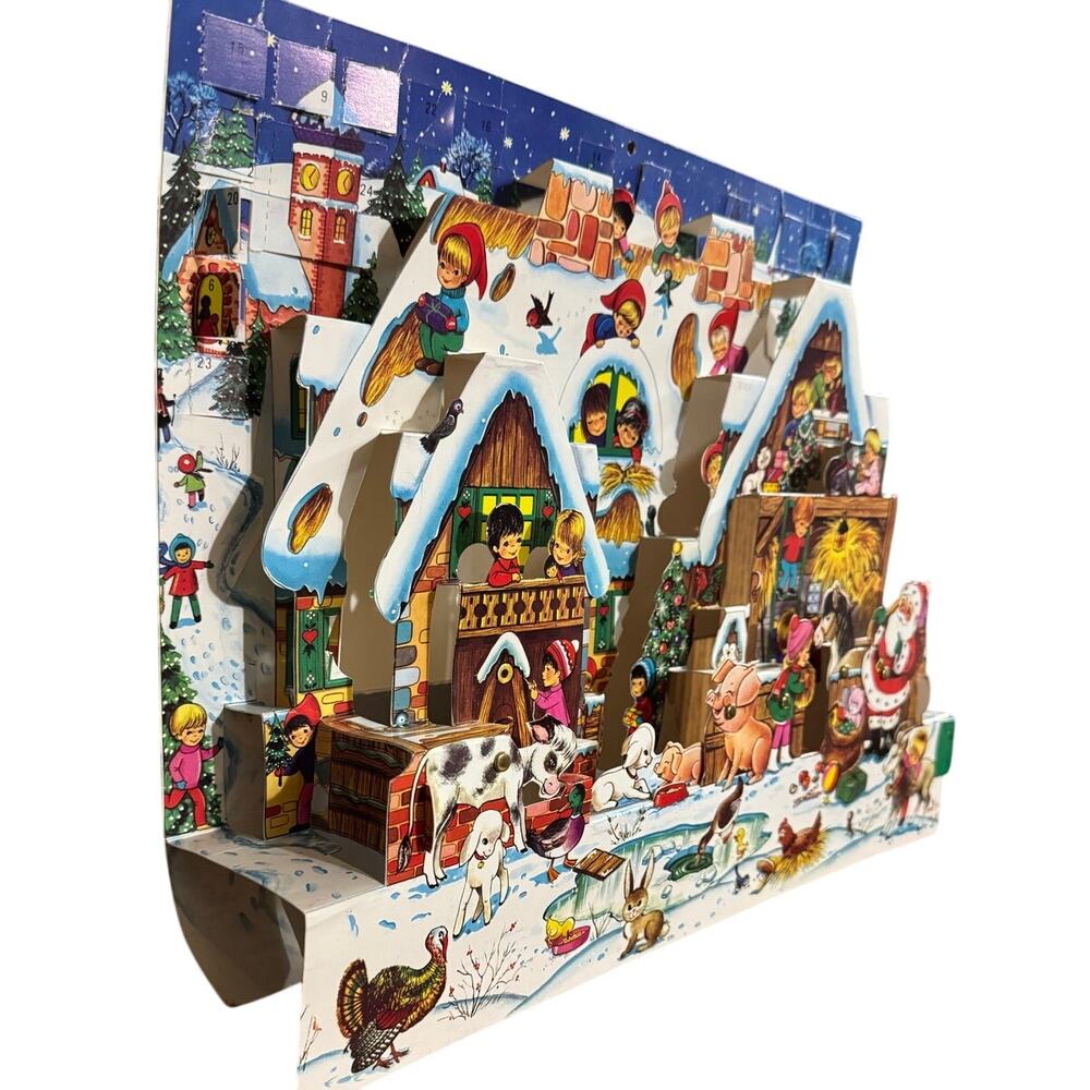 Vintage Cleo Christmas Pop Up Advent Calendar 3D Movable Santa Farm Children